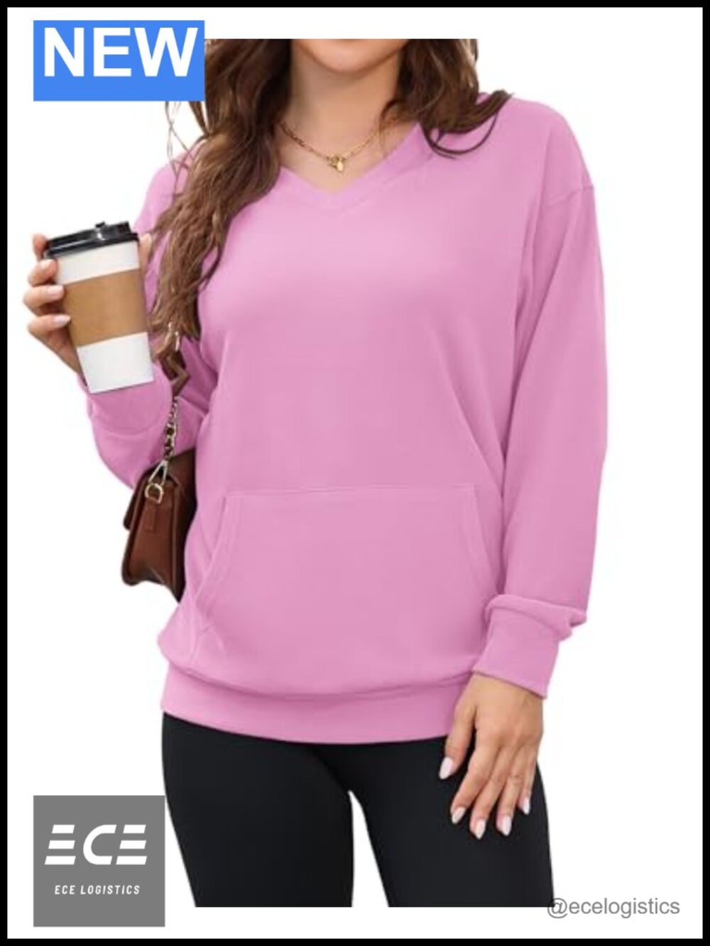 Womens Long Sleeve V Neck Sweatshirt with Kangaroo Pocket Pullover Tunic